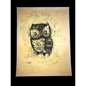 Margaret Layton, Mid Century Print of an Owl Yellow Toned Print of an Owl- Mid 2